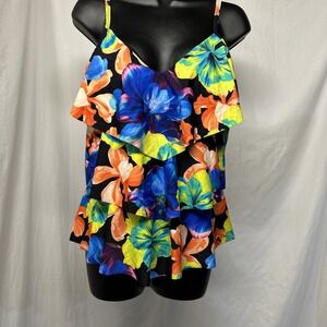 St Johns Bay Womens‎ Floral Ruffle Tankini Swim Top Size 12 Black Blue Orange